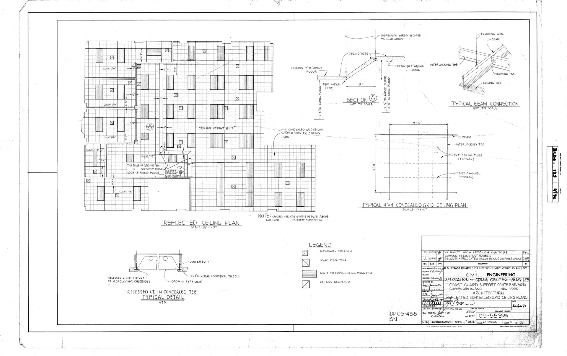 A 1976 architectural drawing of a reflected ceiling plan laid out on a grid