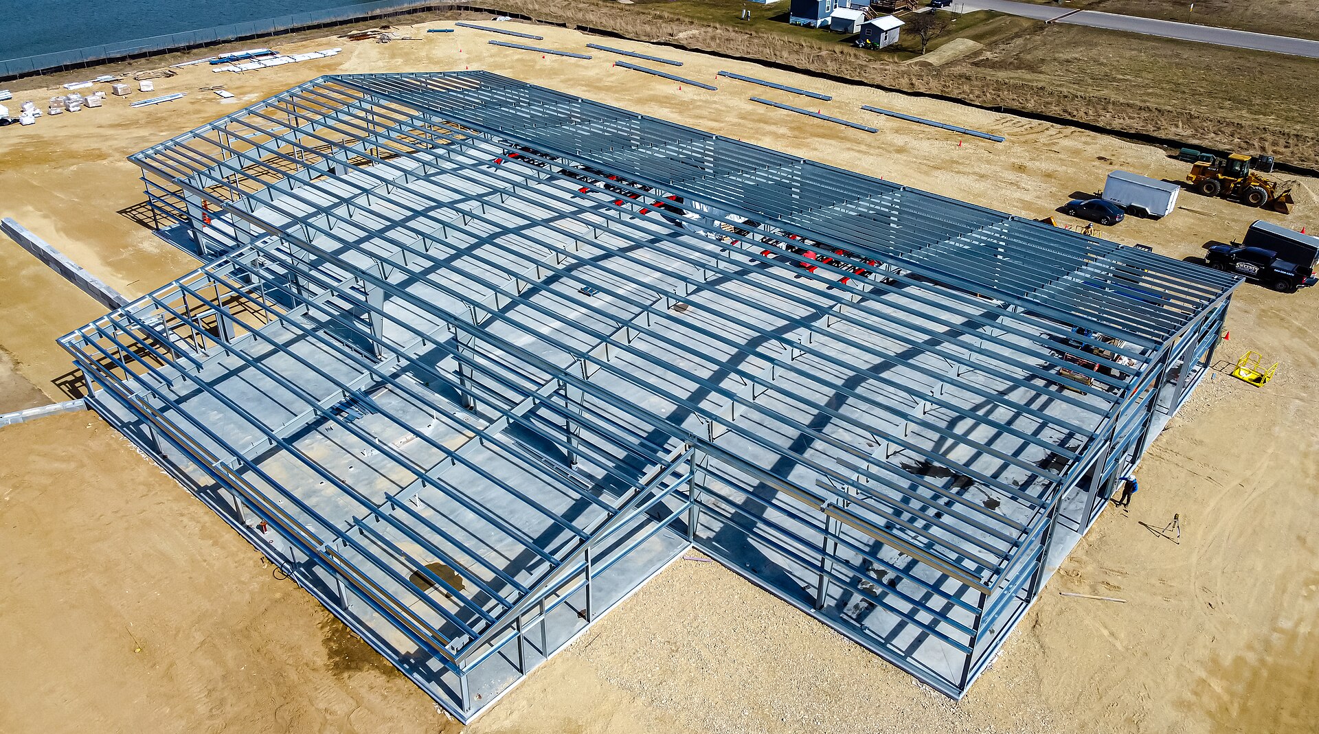 Aerial view of a steel building frame under construction